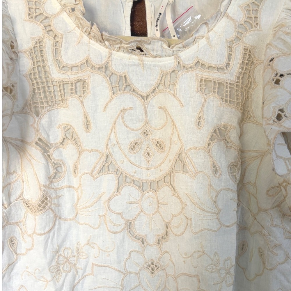 Anthropologie Lainie Blouse White Lace Cutwork Flutter‎ Sleeve Linen Top XL NWT - Picture 16 of 16